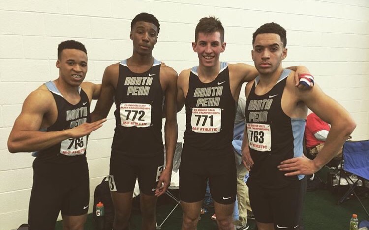 The boys 4x400 relay pose after placing 4th at Indoor Track State Championship. (Left to right: Chris Jeffries, Dante Watson, Joey Spallinger, Elgin Horton)