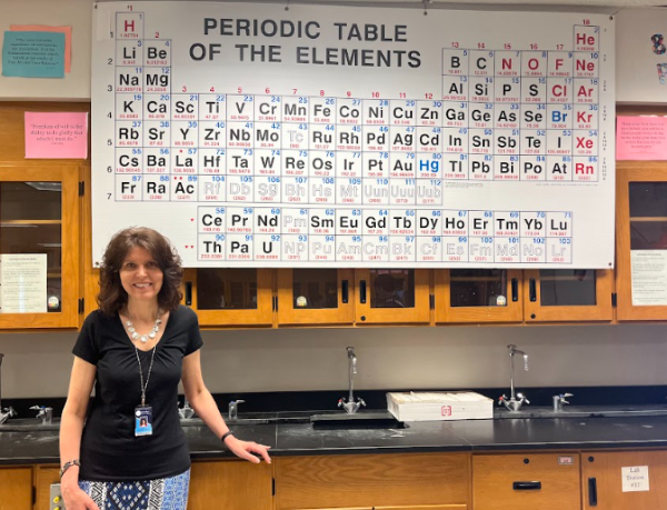Kathleen Groat standing alongside her periodic table, a staple of her classroom.