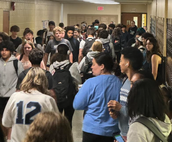 Students shuffle through the crowded hallways of North Penn High School.