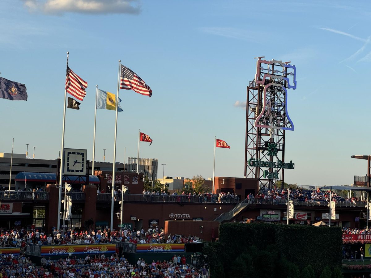 Flags fly at Citizen's Bank Park during a Phillies game on August 13, 2024. The number of championship flags fluttering in the wind will have to wait another year to increase, as the Phils made n early exit from the 2024 postseason. 