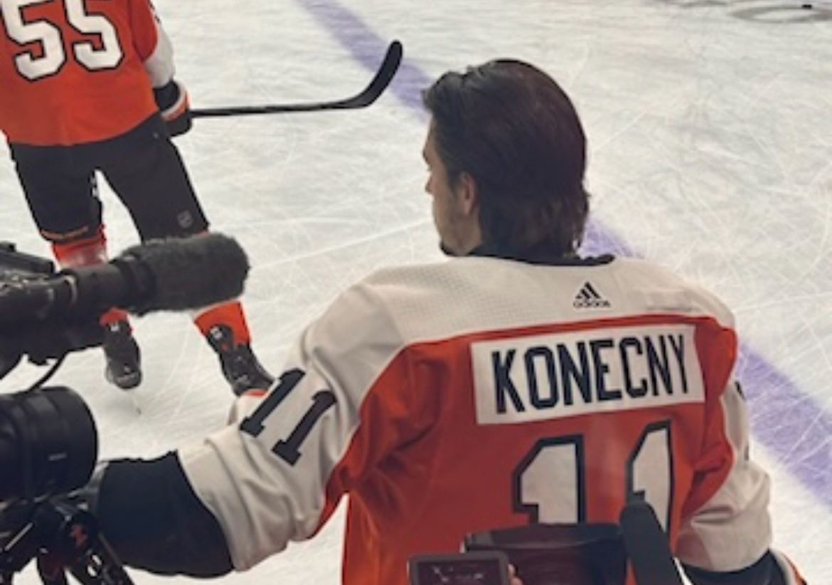 Team Canada's Travis Konecny during warm-ups, getting ready to face the Pittsburgh Penguins.
