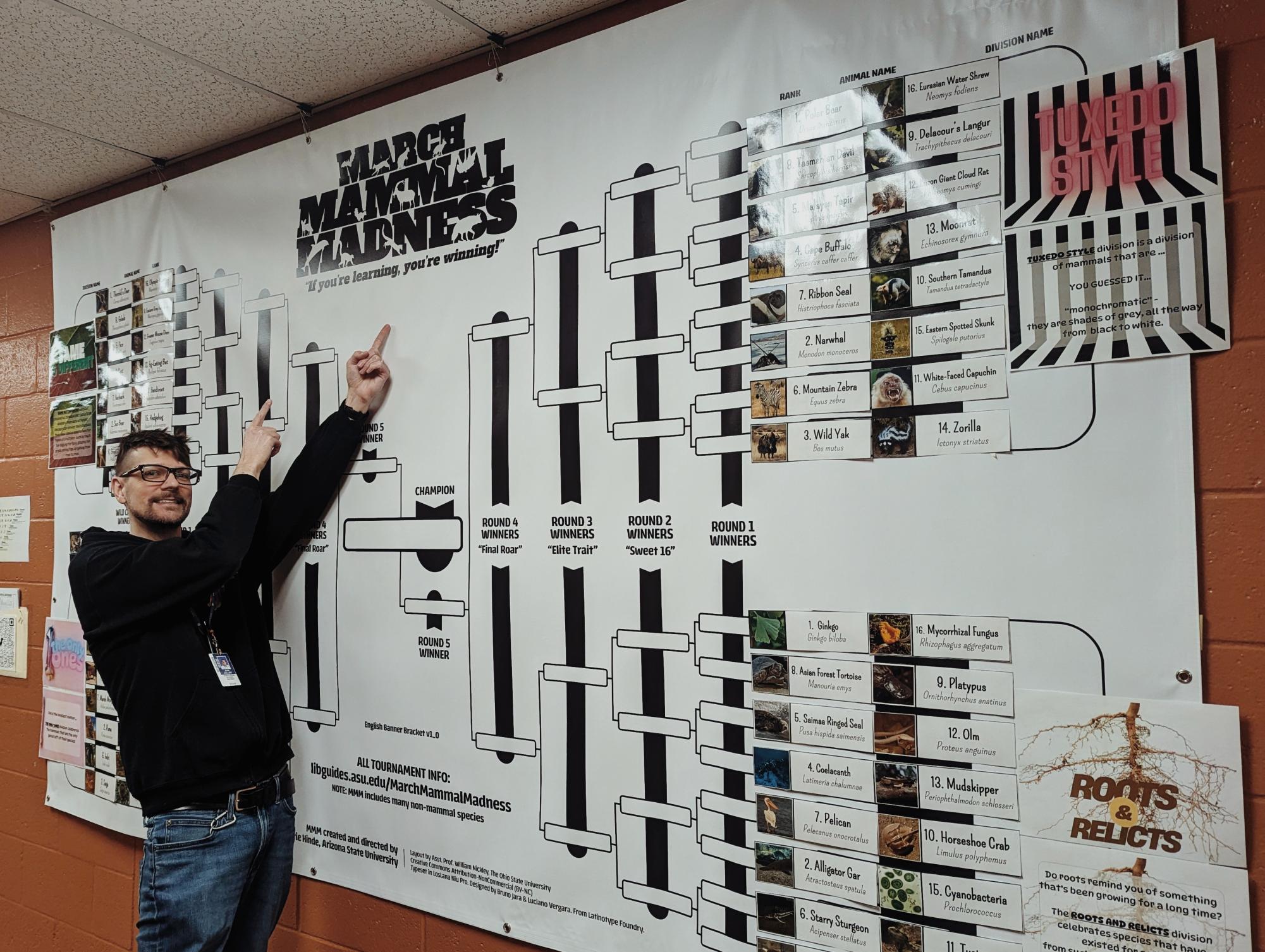 Collier with his larger-than-life bracket for March Mammal Madness