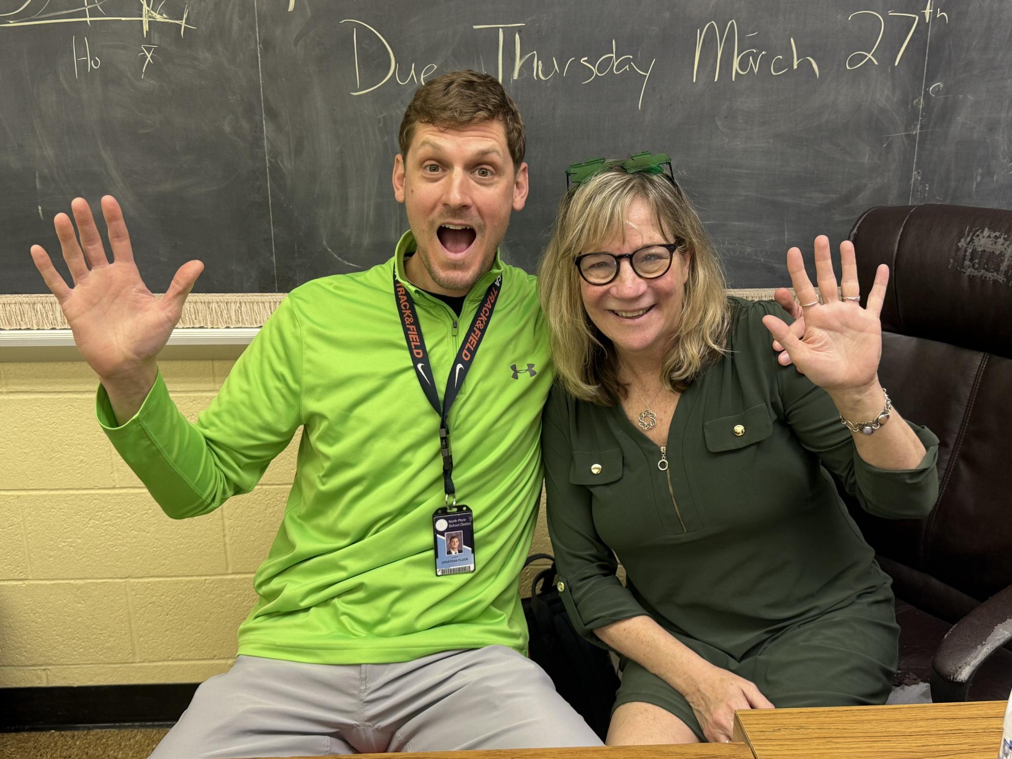 Amazing Senior Class Cabinet Advisors Mr. Fluck and Mrs. Marino excited for St. Patty's Day.