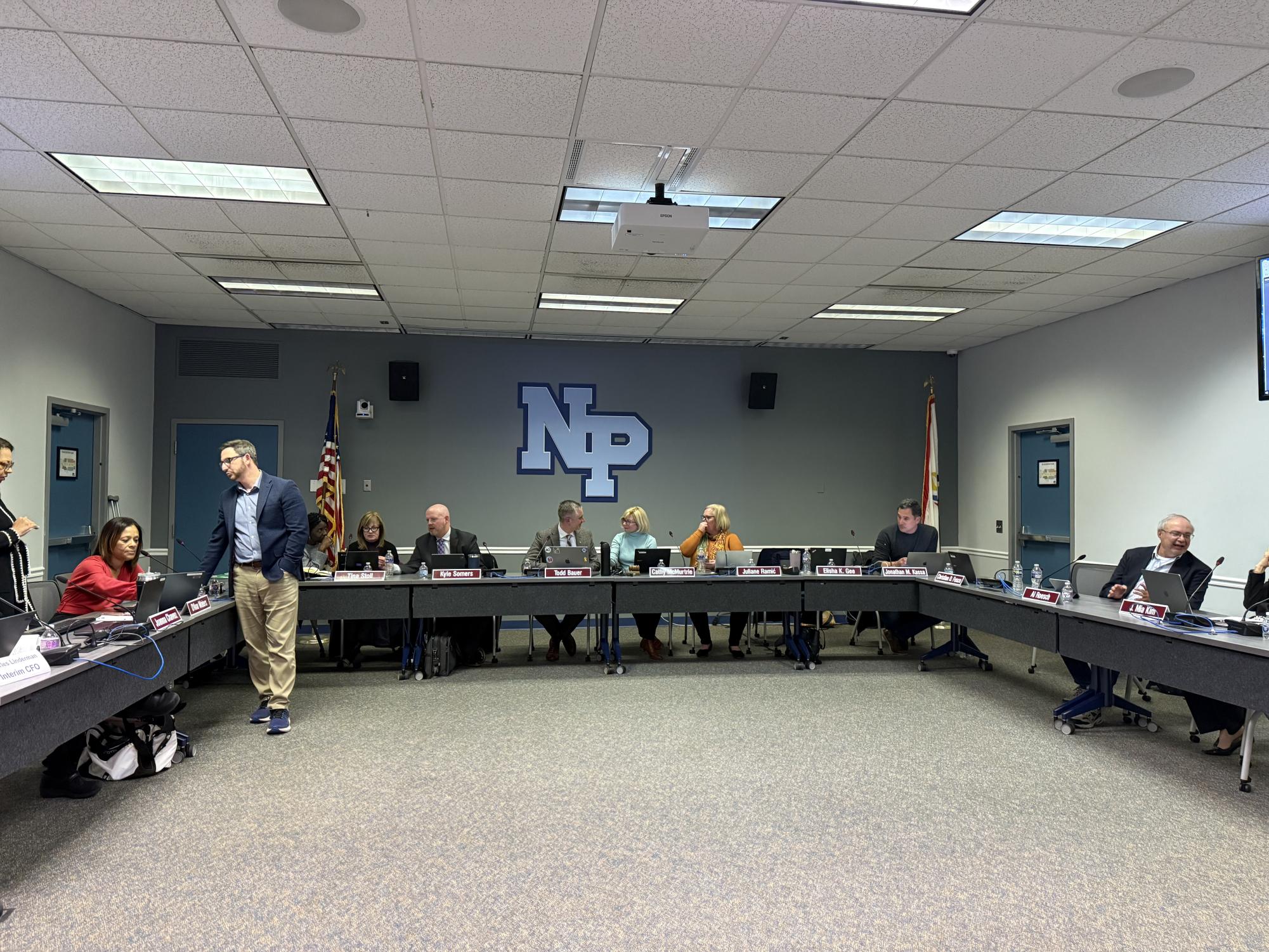 Board members preparing for April worksession at the ESC on April, 8th 2025