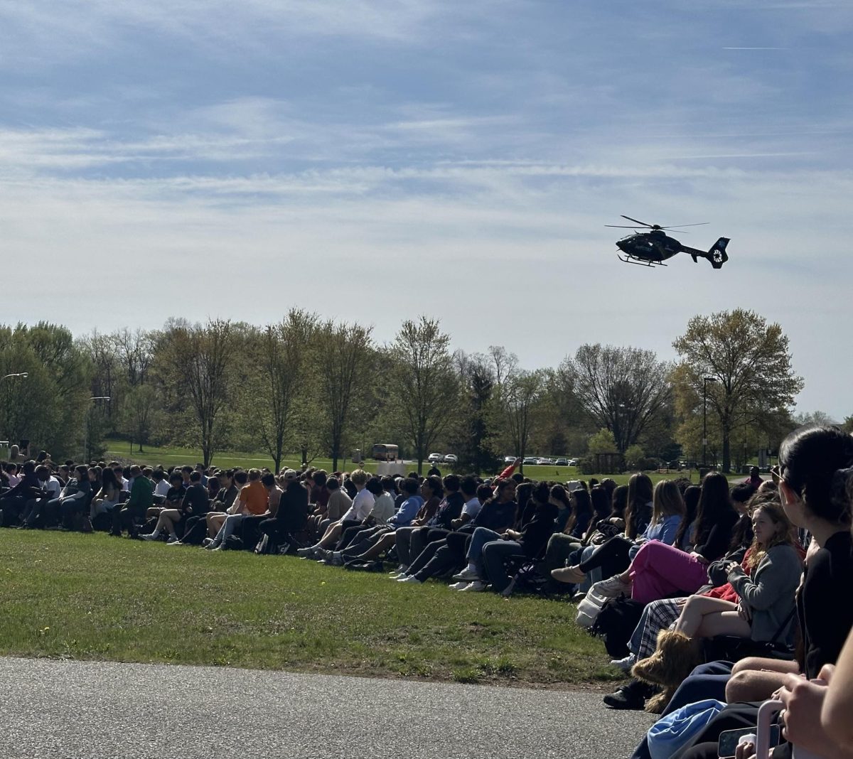The helicopter rushes to the scene as a way to show North Penn seniors the severity of drinking and driving. 